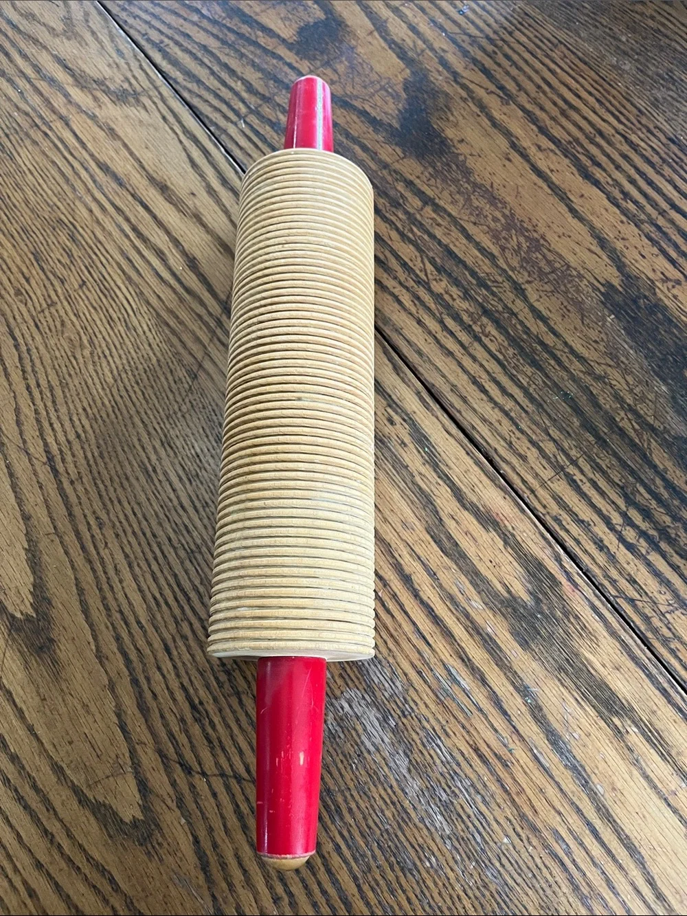 Vintage lefse Wooden Rolling Pin with Red Handles
